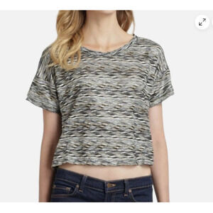 FREE PEOPLE Sweater XS Rainbow Wave Box Crop Top Metallic Short Sleeve Black